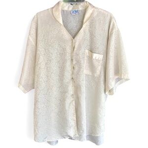 VINTAGE 90S LA NUIT Ivory Satin Jacquard Button Down Shirt Loungewear Top L / XL